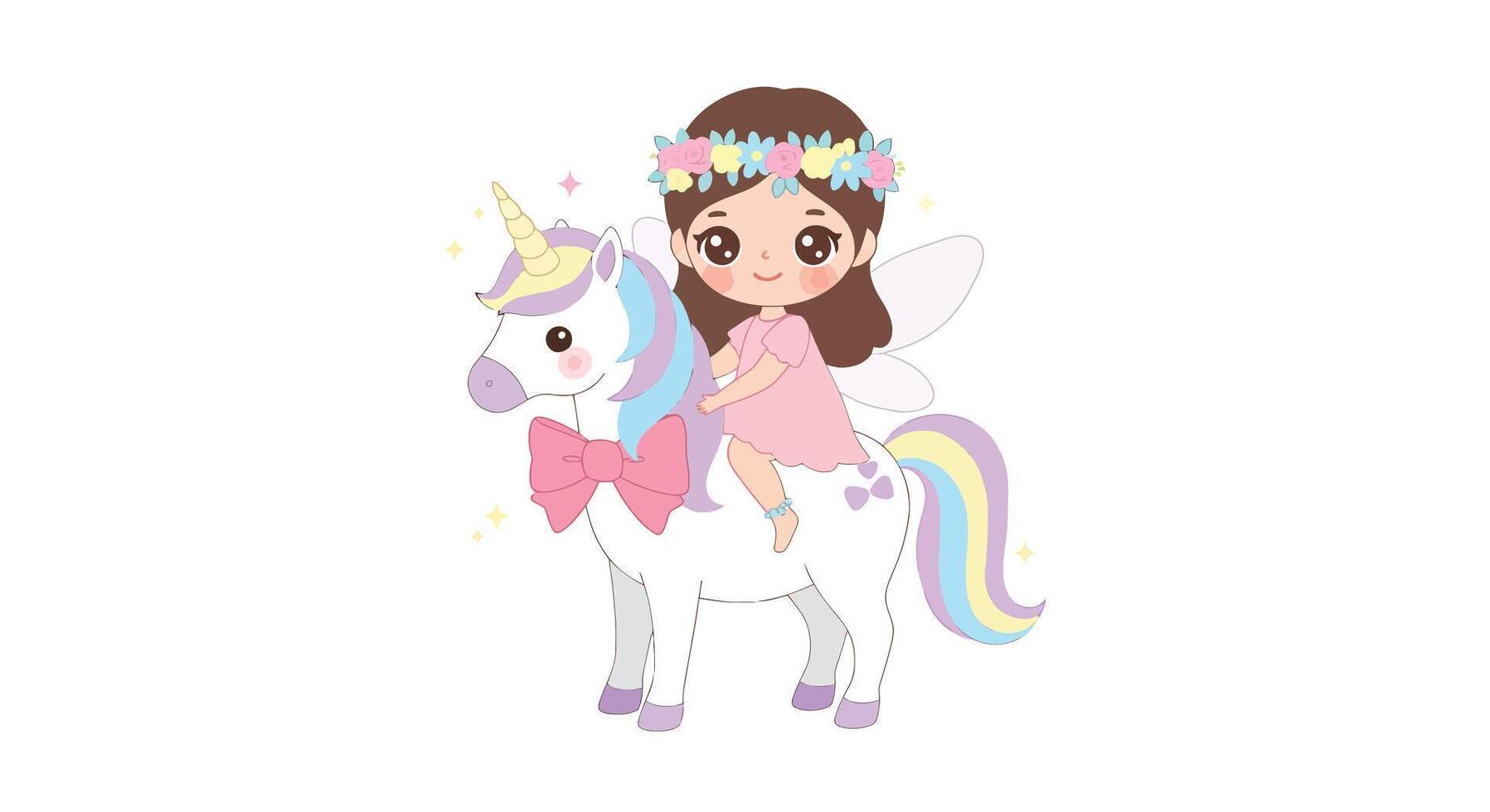 Cute girl with fairy wings riding a colorful unicorn in flat illustration vector