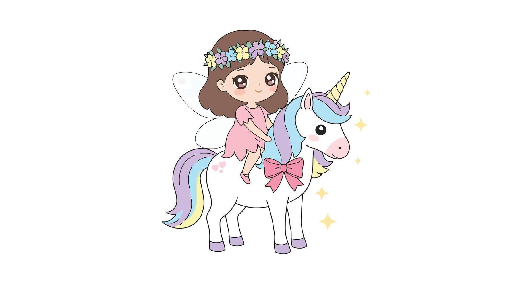 Cute girl riding a unicorn with colorful hair in flat art style illustration vector