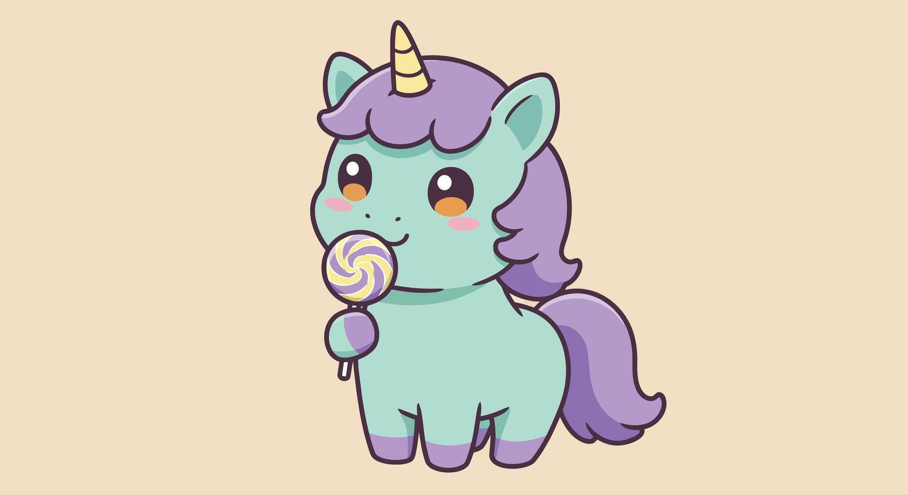 Cute unicorn holding a lollipop in flat pastel colors illustration vector