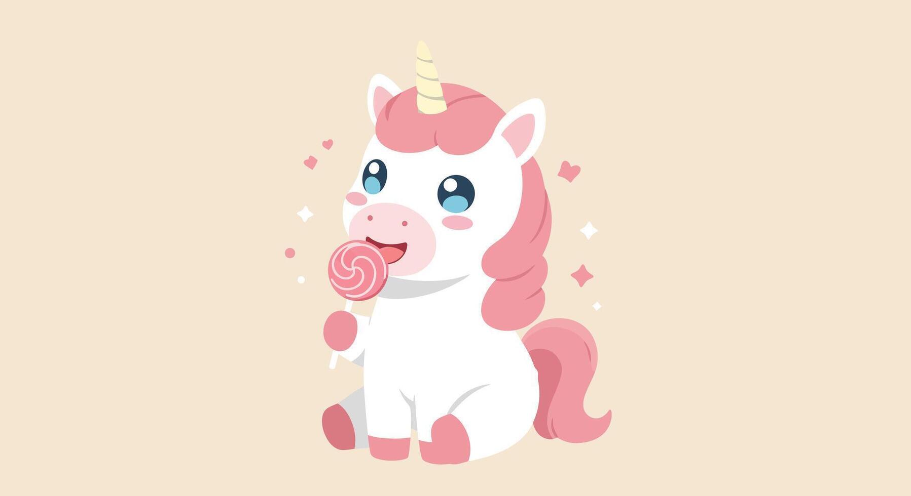 Cute unicorn character enjoying a lollipop in flat art style vector