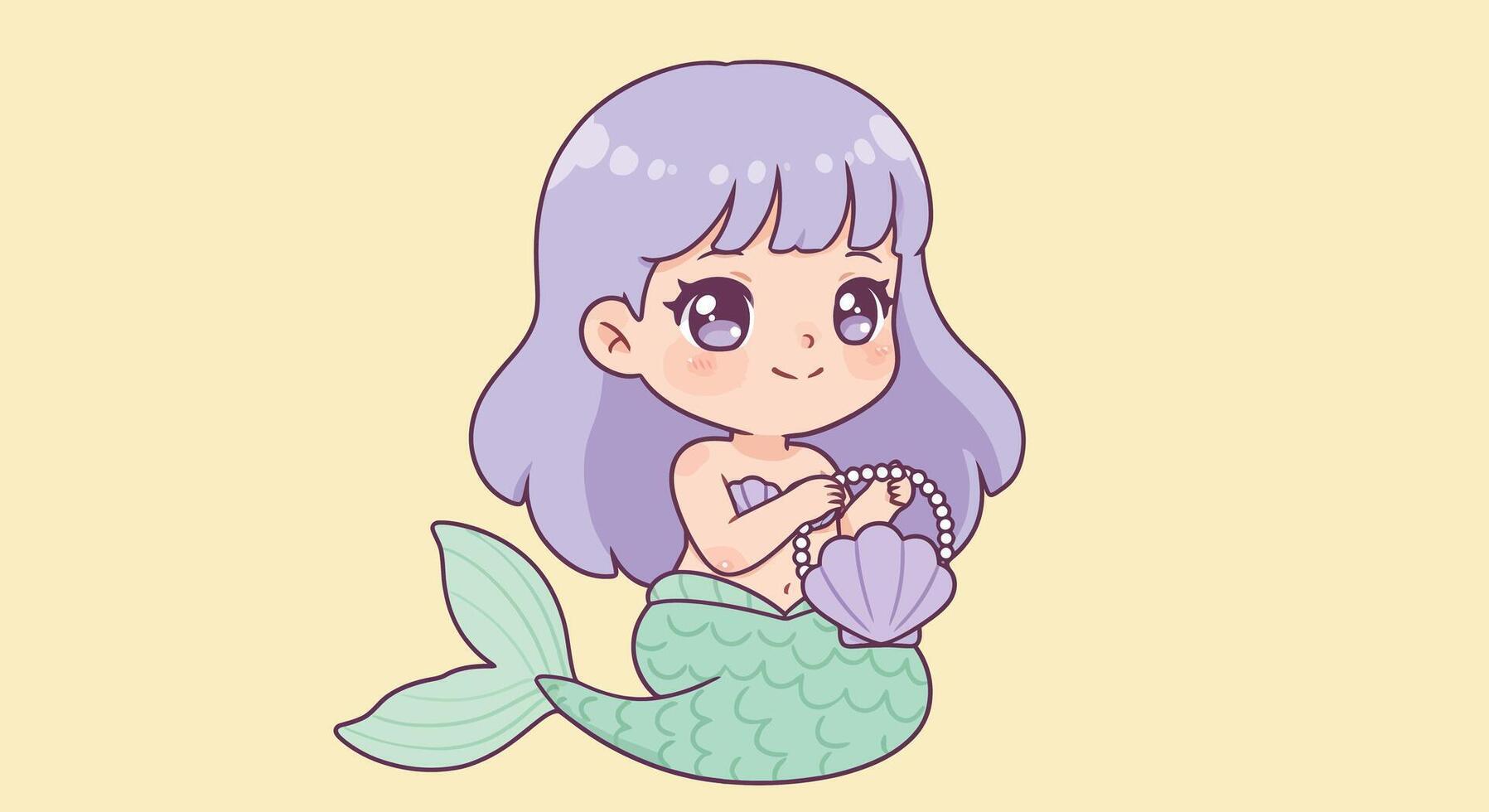 Cute mermaid character holding a shell in flat illustration vector