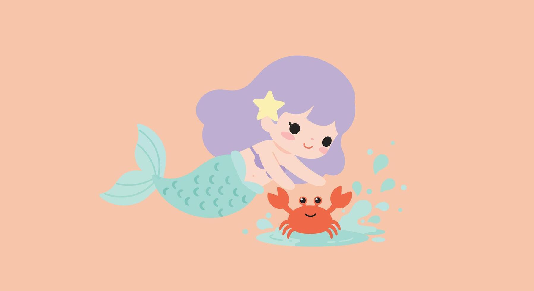 Cute mermaid playing with a cheerful crab in flat illustration vector