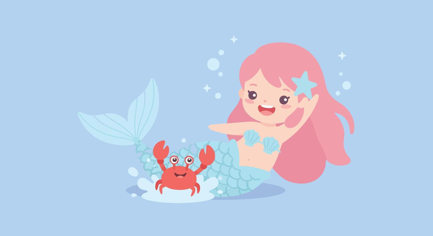 Cute mermaid character with crab in flat cartoon style art vector