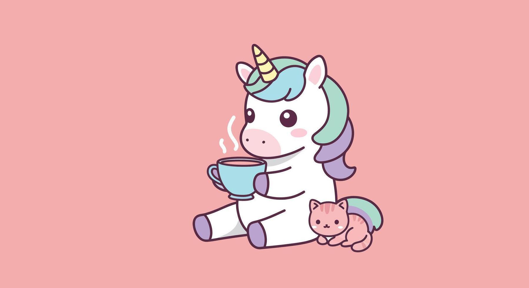 Cute unicorn with a cup of tea and a cat in flat art vector