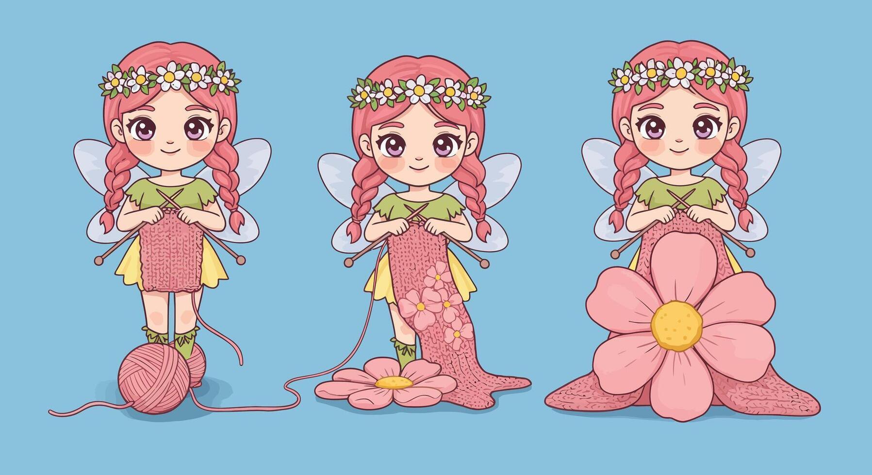 Cute fairy character in minimal style creating flower from yarn illustration vector