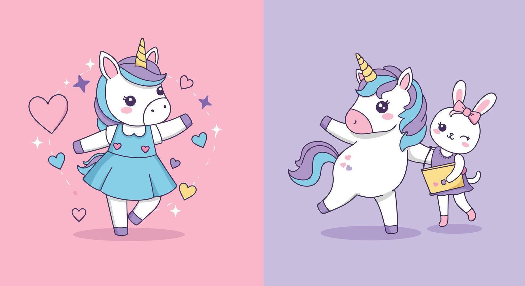 Cute unicorn character dancing in a flat, colorful style art vector