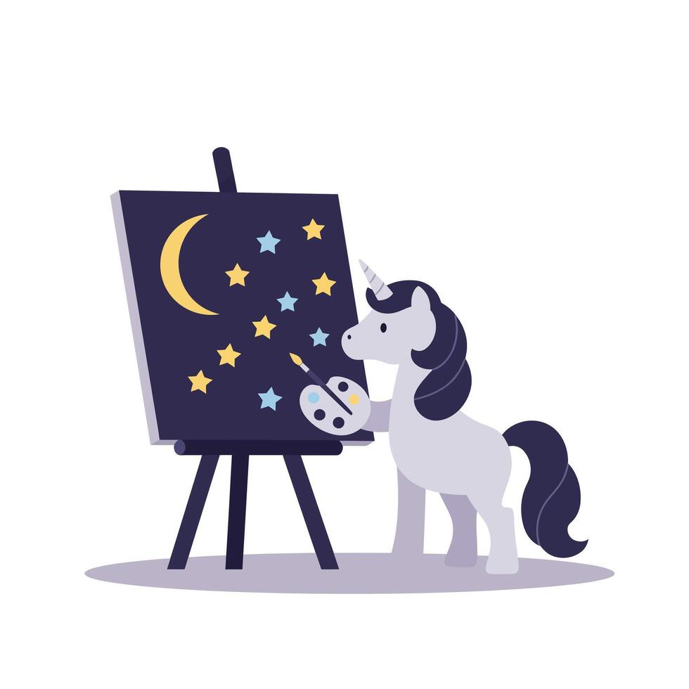 Unicorn painting stars on canvas in flat art style illustration vector