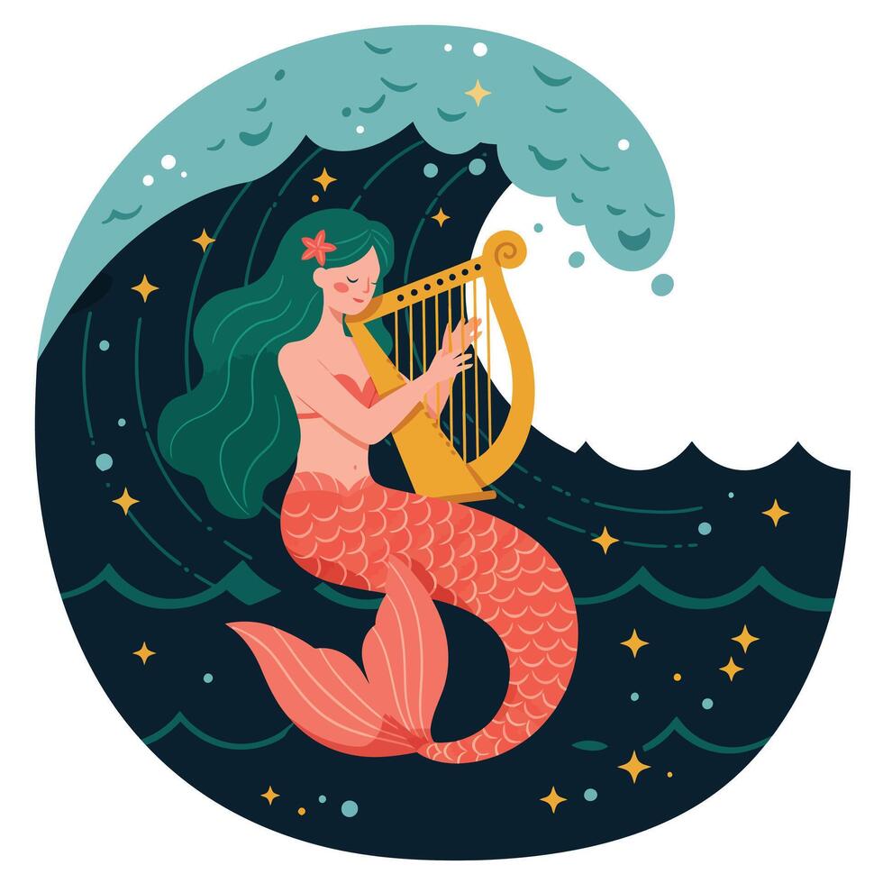 Mermaid playing harp in ocean waves, colorful flat illustration vector