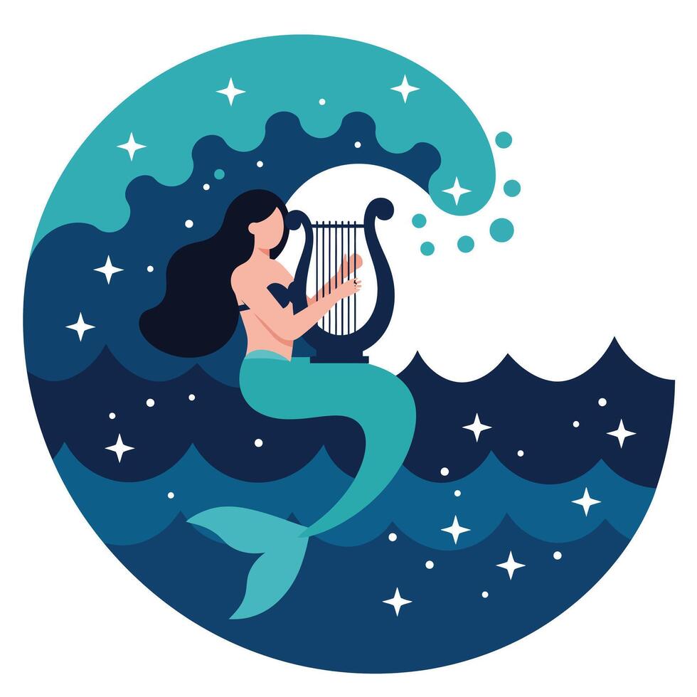 Mermaid playing harp in ocean waves with a minimal design style art vector