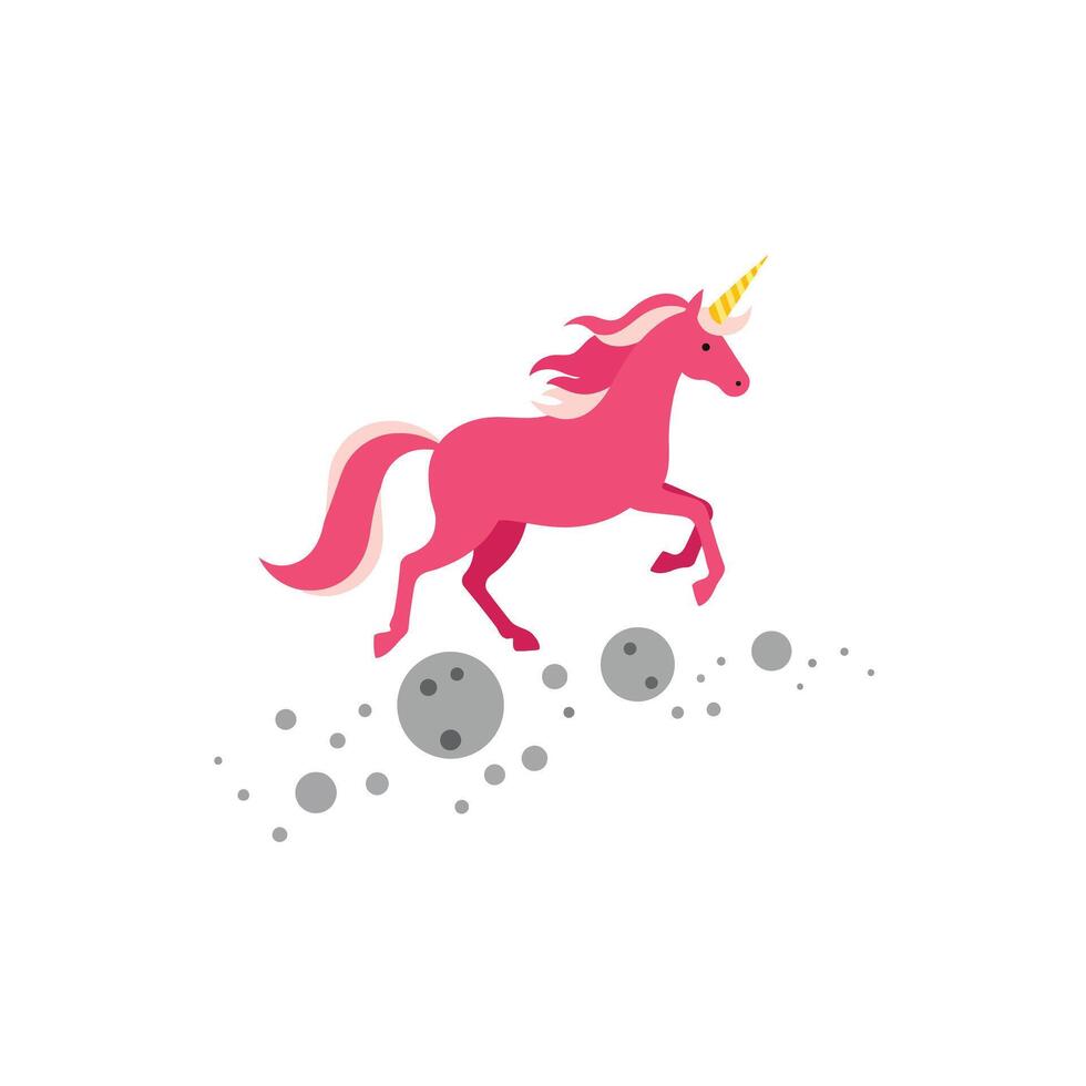 Playful pink unicorn galloping through whimsical shapes in flat art vector