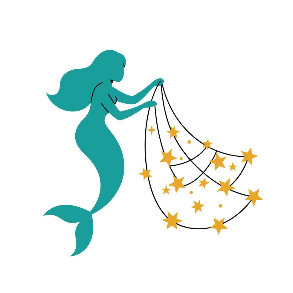 Mermaid with net catching stars in flat minimal art vector