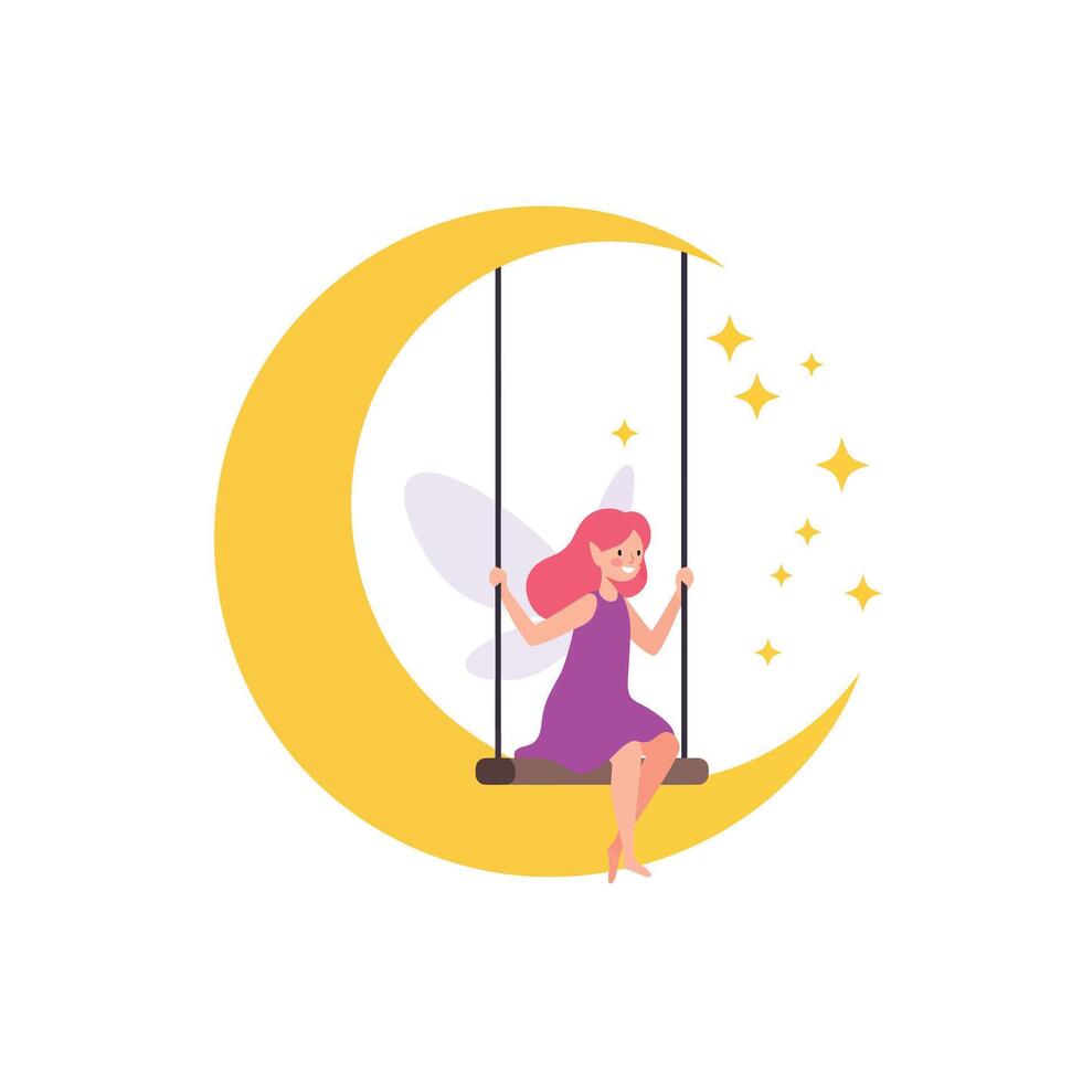 Fairy sitting on a swing against a crescent moon in flat art vector