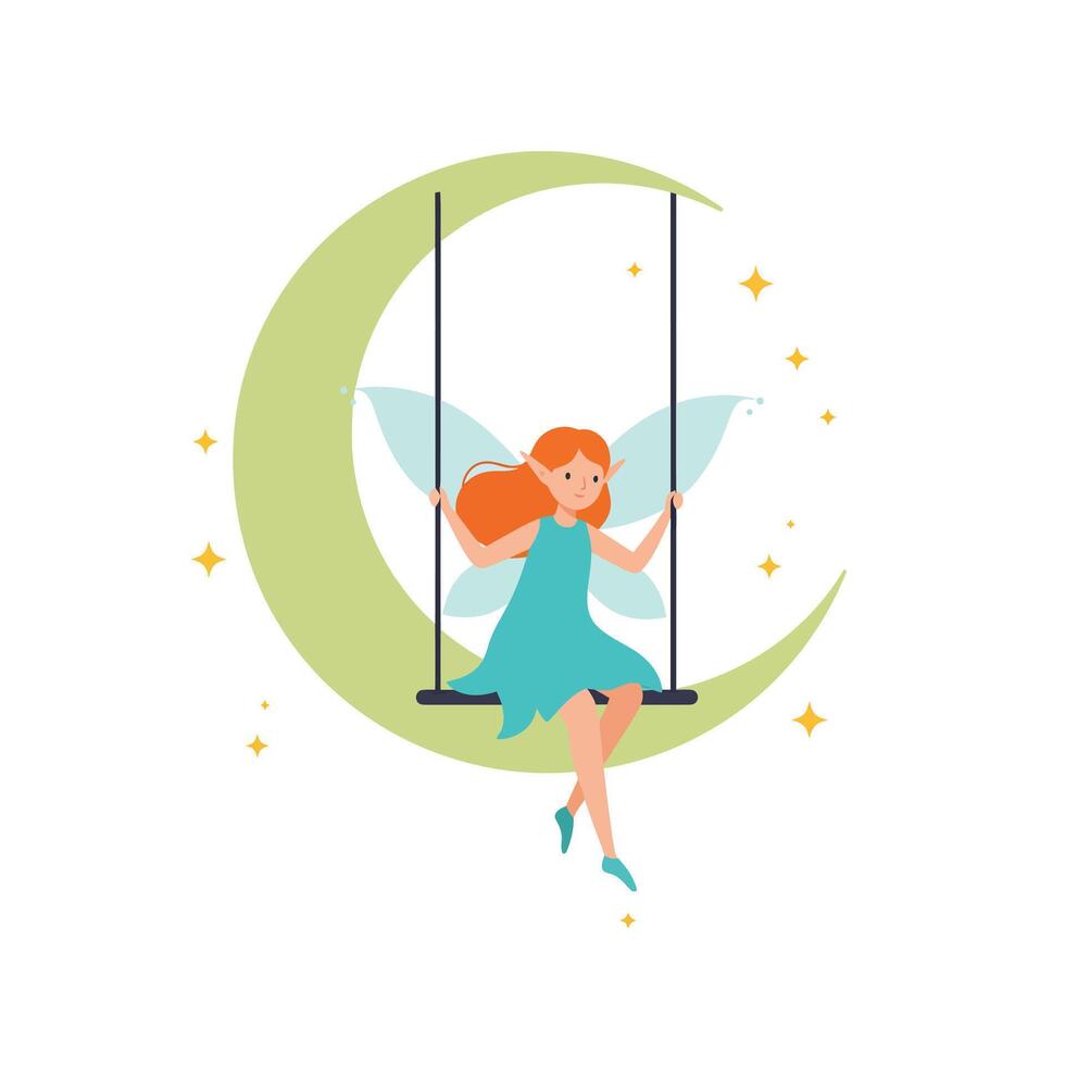 Enchanting fairy swinging gracefully on crescent moon in flat art vector