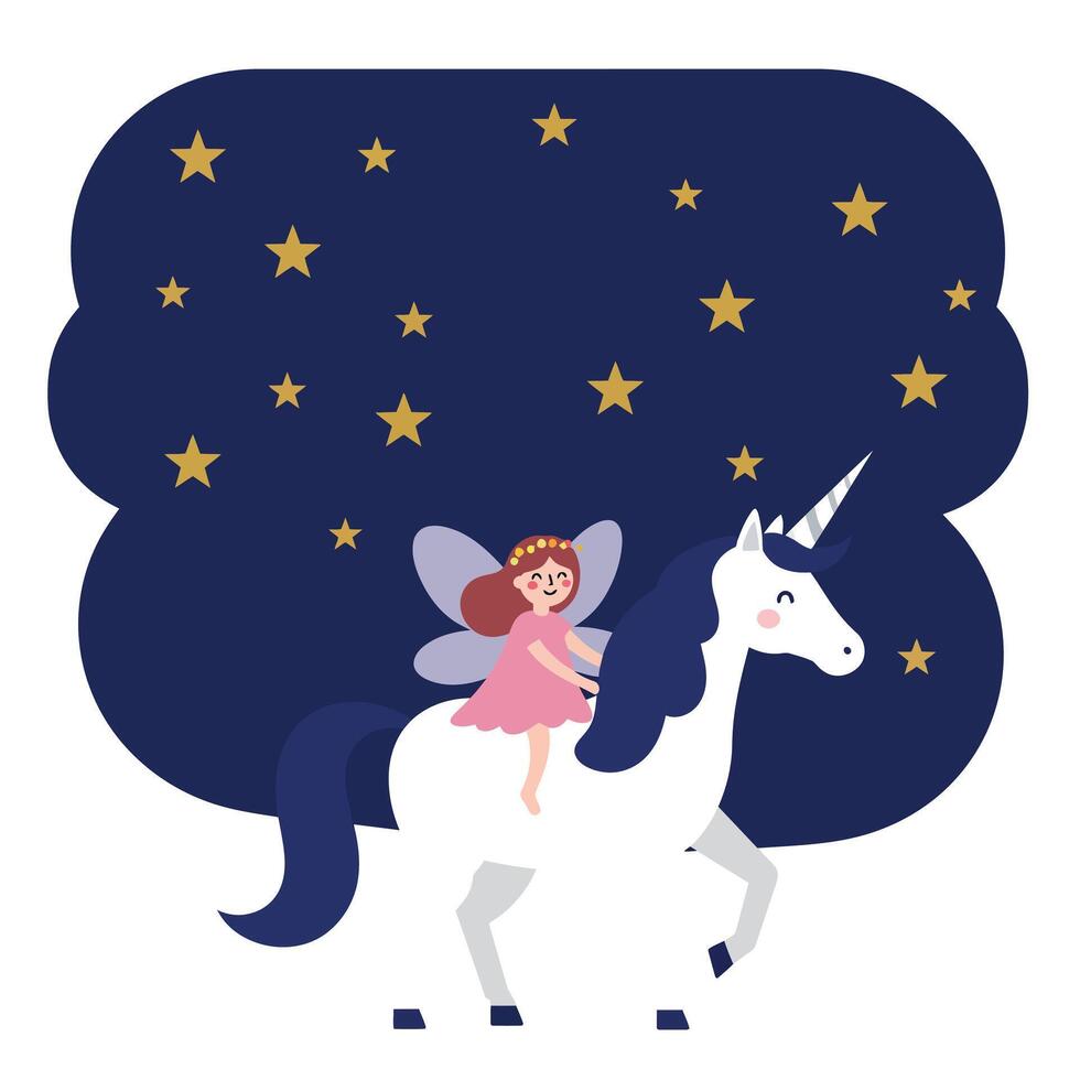Fairy riding a unicorn under a starry sky in flat illustration vector