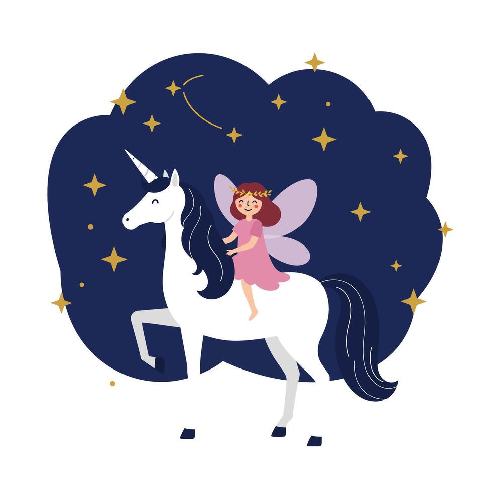 Unicorn with Fairy Riding in Flat Style Art vector
