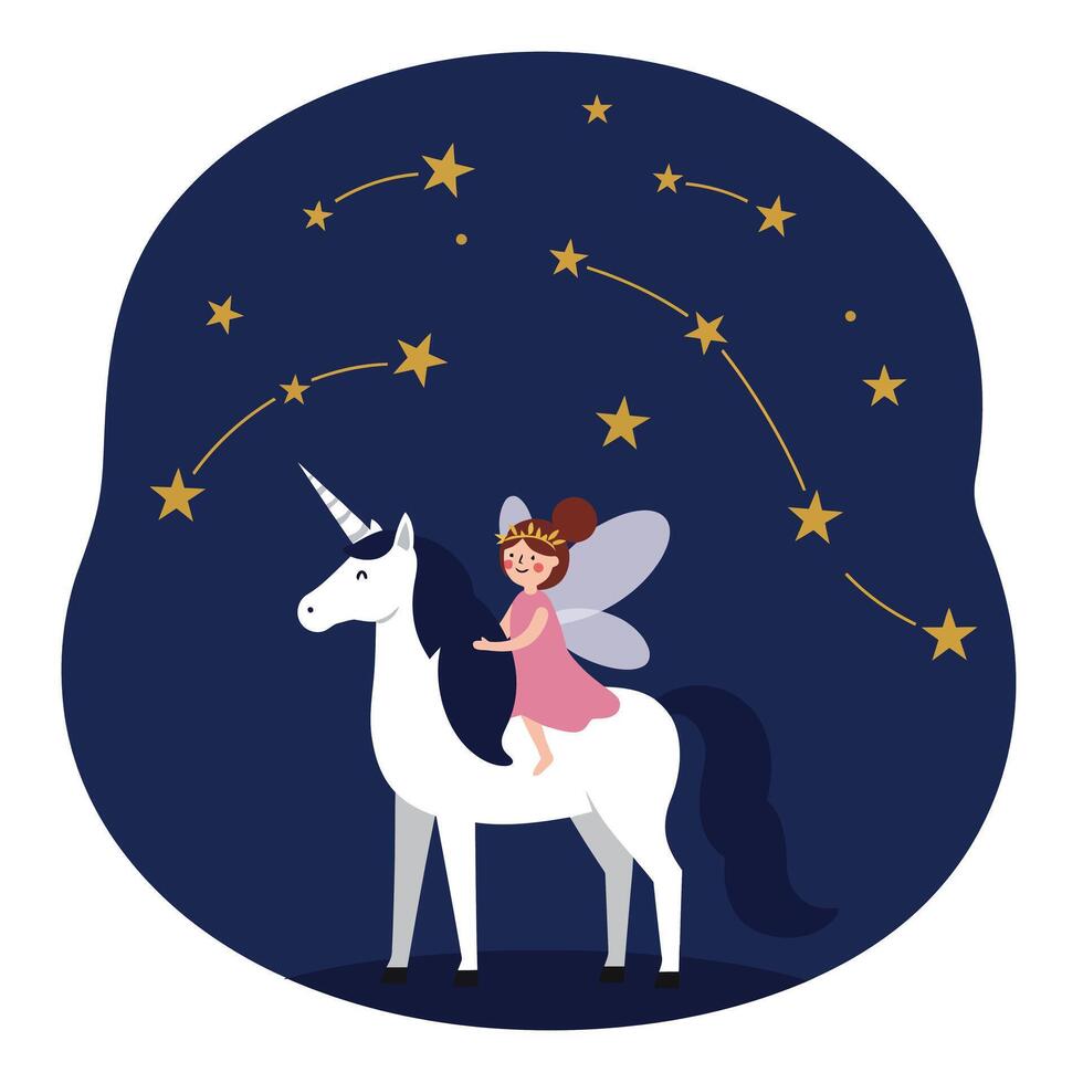 Enchanted fairy riding a unicorn under a starry night sky in flat art vector