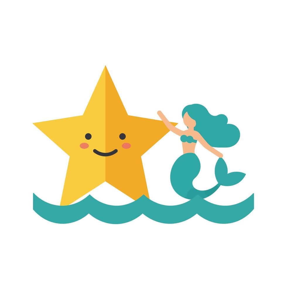 Cute mermaid interacting with a smiling starfish in flat illustration vector