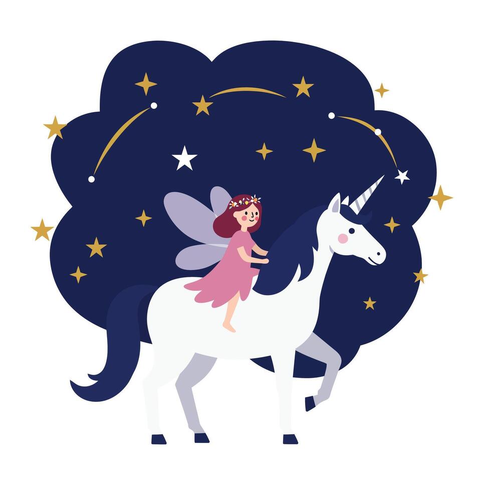 Cute fairy riding a unicorn in flat design style art vector