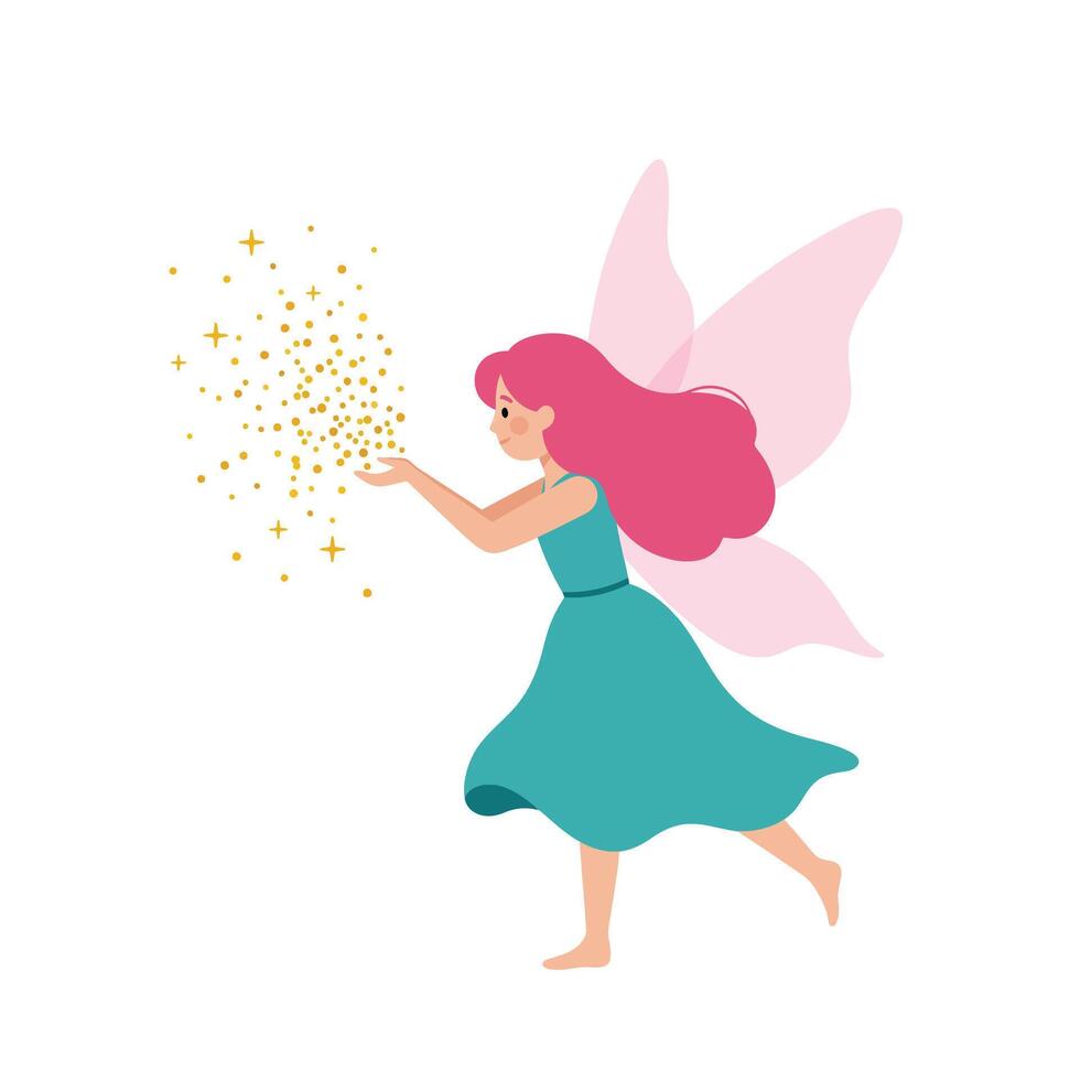 Fairy character with pink hair and wings casting sparkles in flat art vector