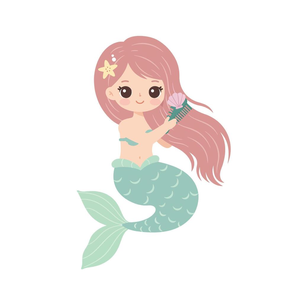 Cute mermaid character with long hair in flat design art vector