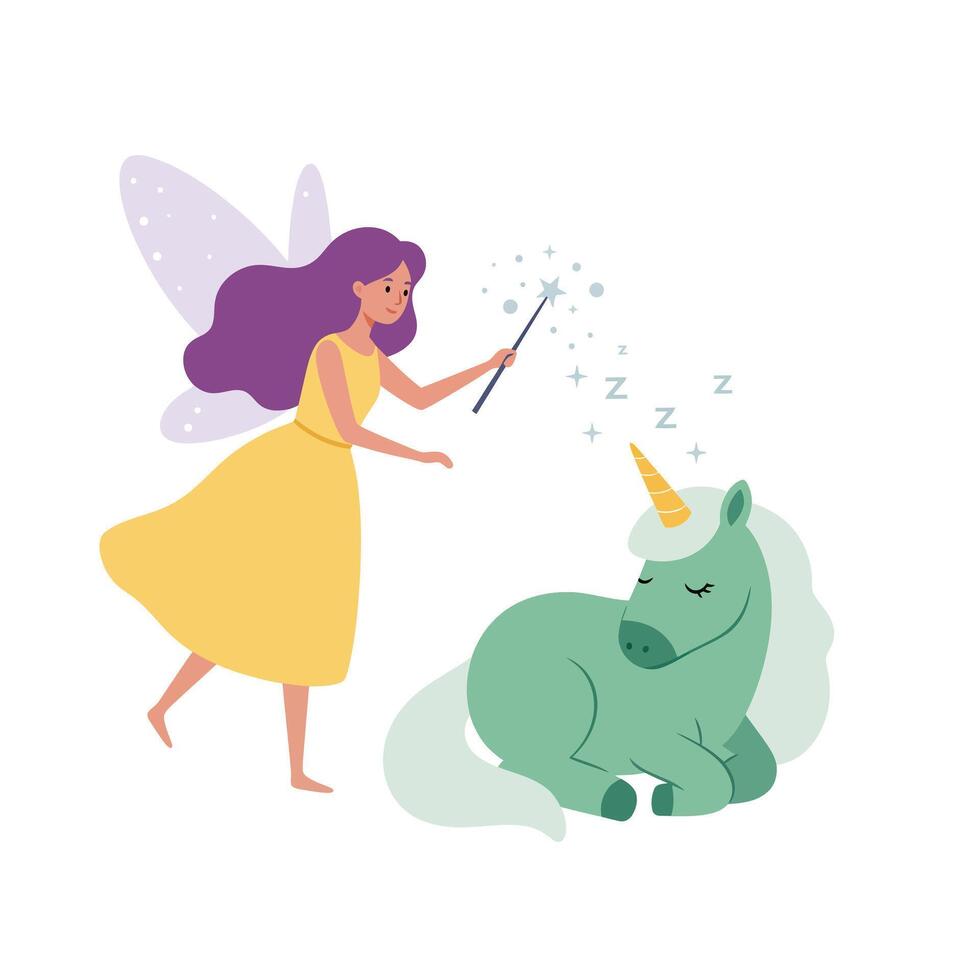 Fairy casting spell on sleeping unicorn in minimal illustration vector