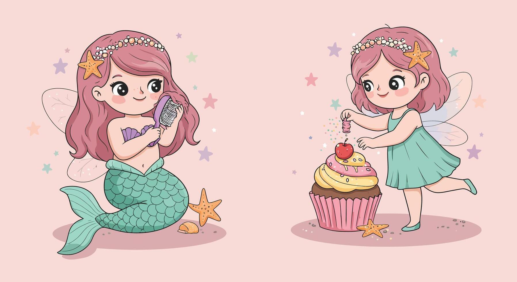 Cute mermaid interacting with a friendly dolphin in flat art vector