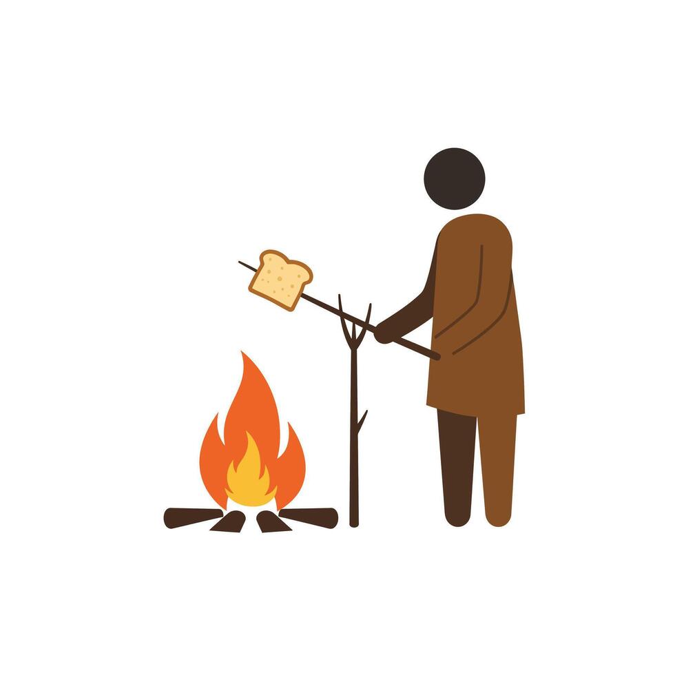 Person roasting bread over a fire in a minimal illustration style art vector