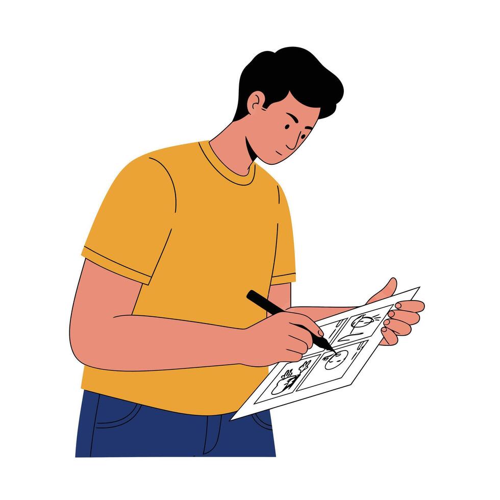 Person drawing on paper in a bright flat style art vector