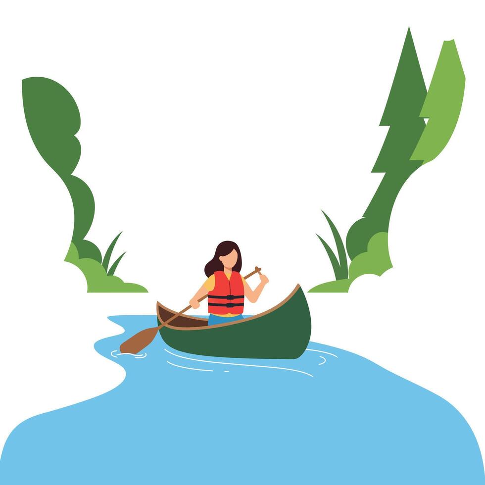 Canoeing on a river with trees in a flat art style vector