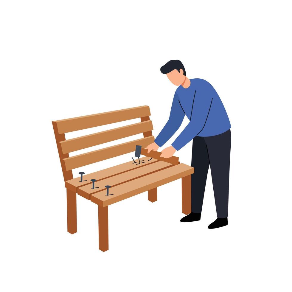 Man assembling a wooden bench in a flat, minimal illustration vector