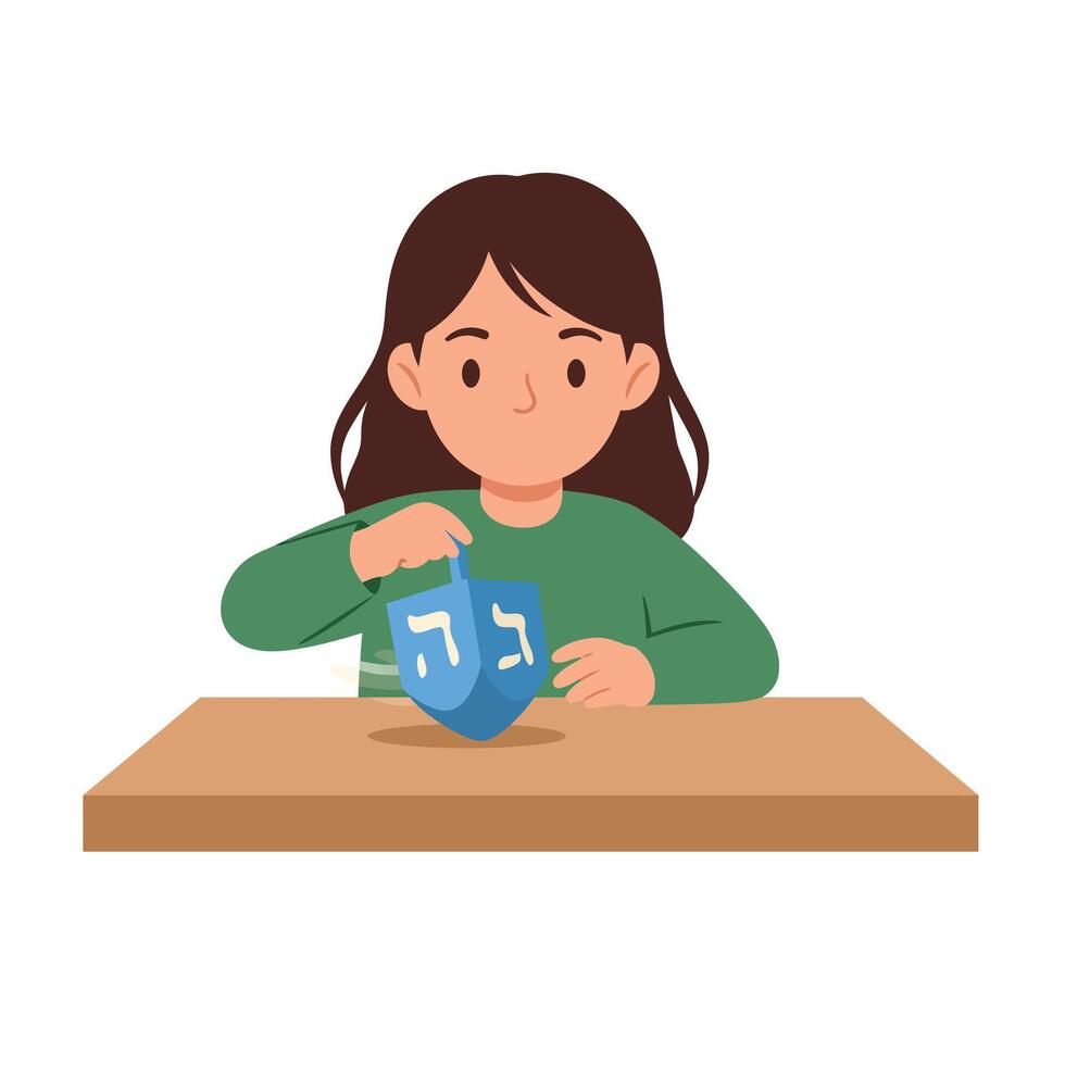 Girl with Dreidel in Hand Engaging in Playful Activity Flat Art vector