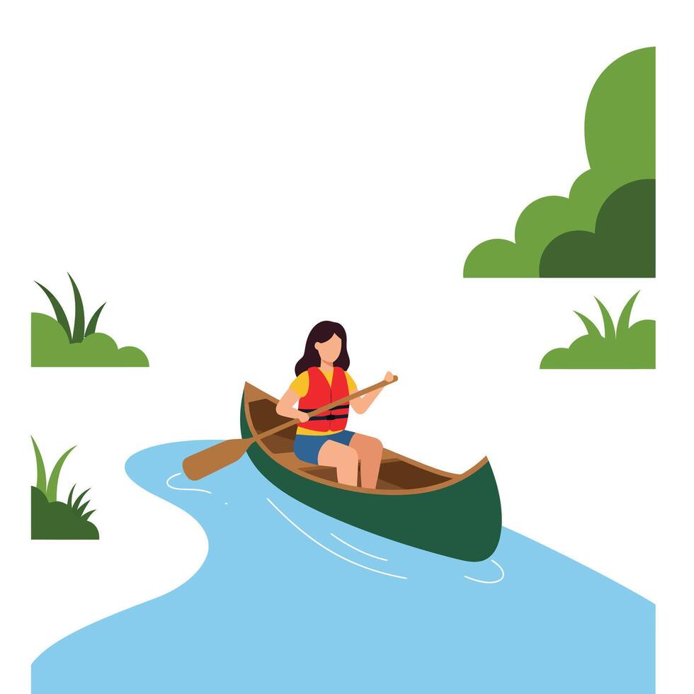 Woman paddling a canoe in a serene environment with flat art vector