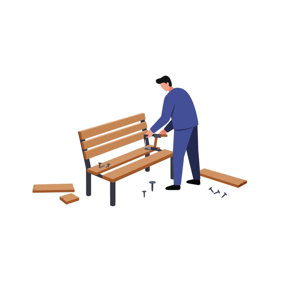Man repairing a wooden bench in flat art style featuring tools and furniture elements illustration vector