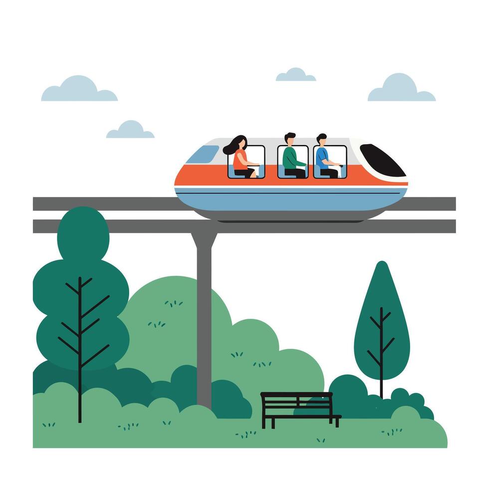Monorail train moving through a green park in flat illustration vector