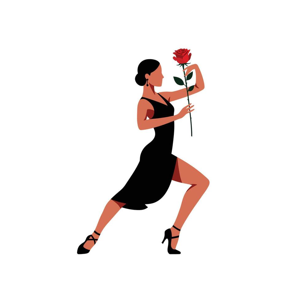 Elegant woman in black dress with flower in hand minimal illustration vector