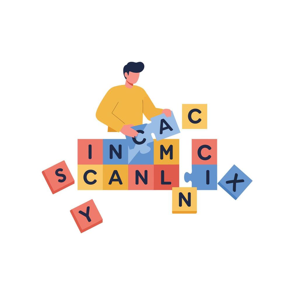 Puzzle pieces being assembled by a person in flat art style vector