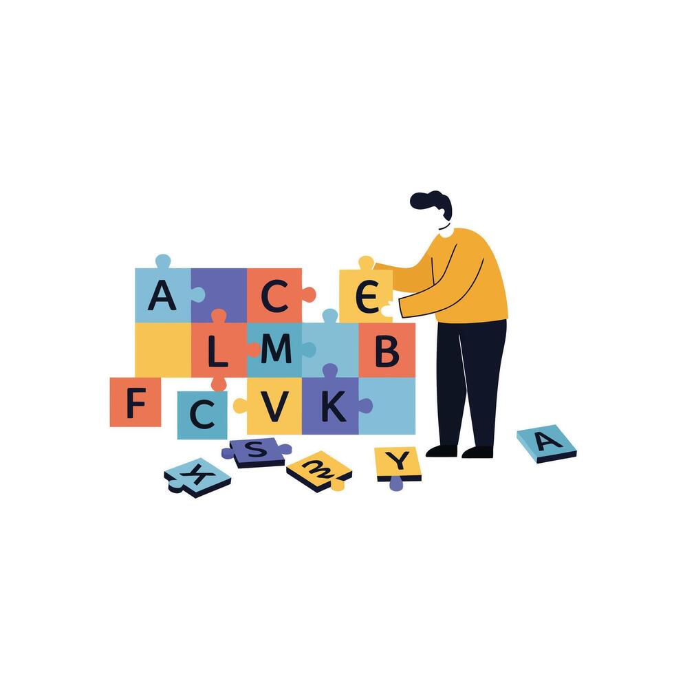 Person assembling colorful puzzle pieces in flat design illustration vector