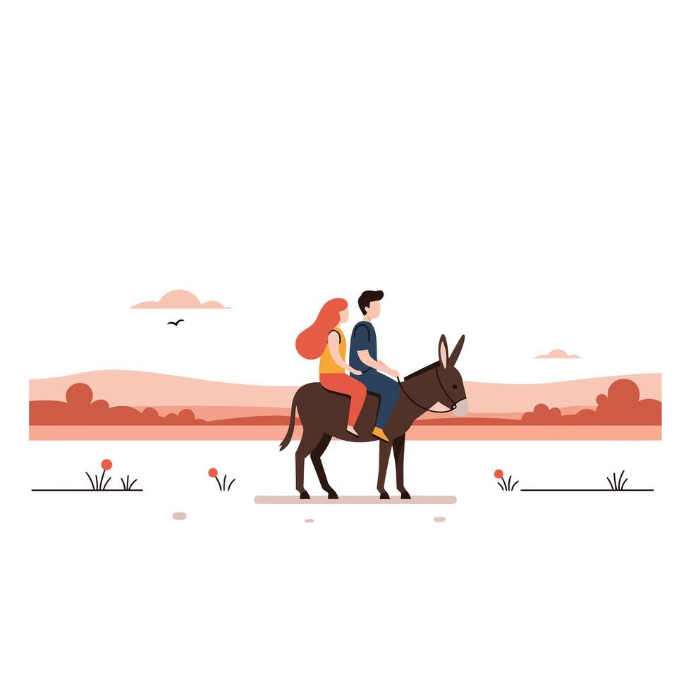 Couple riding a donkey in a minimal flat landscape art vector