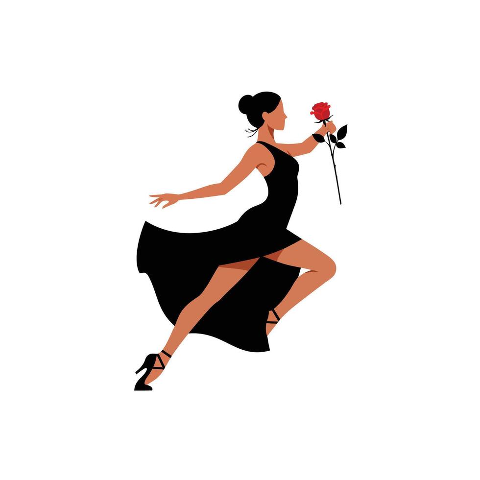 Elegant dancer holding a rose in a flowing dress, flat art vector