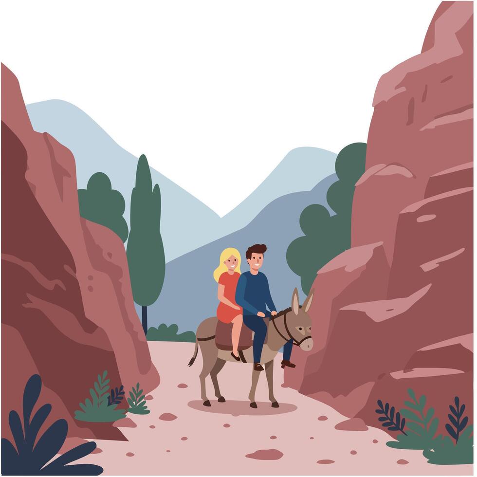 Couple riding a donkey through a canyon in flat art vector