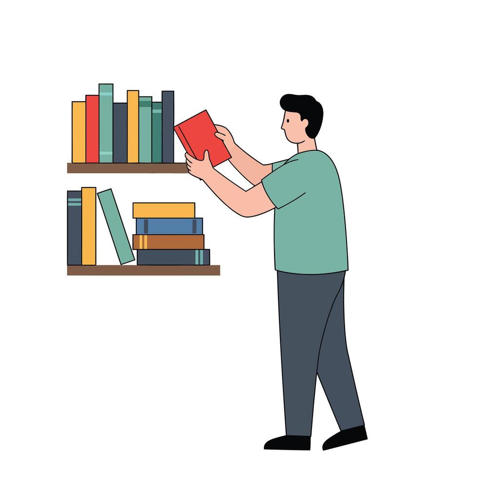 Man organizing books in a flat style art design with vibrant colors and clear shapes illustration vector
