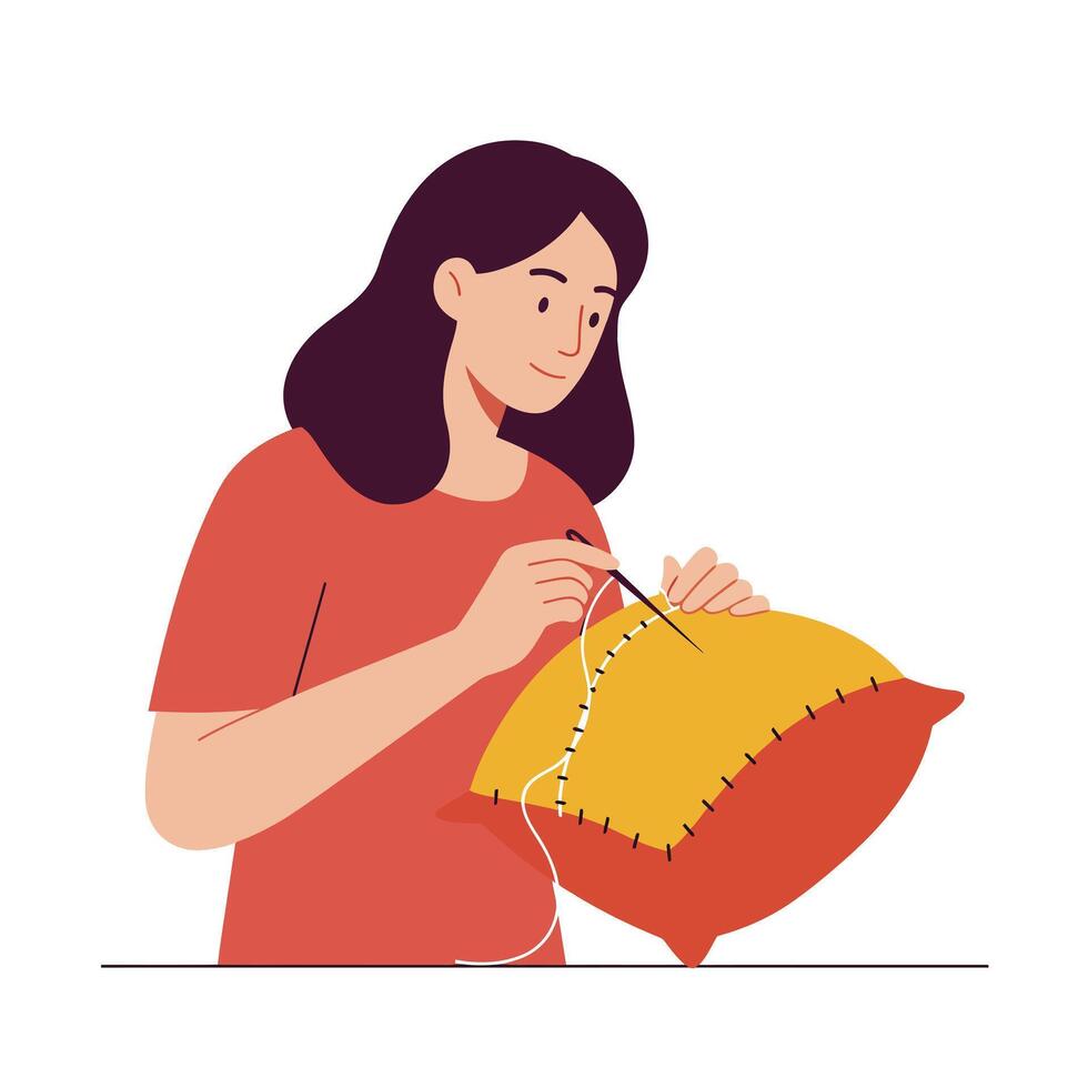 Woman sewing a vibrant cushion in flat illustration style vector