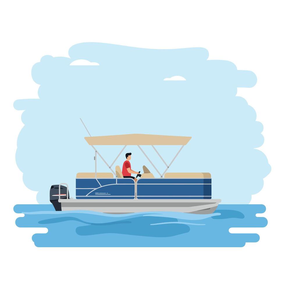 Boat on water with person steering in flat illustration vector