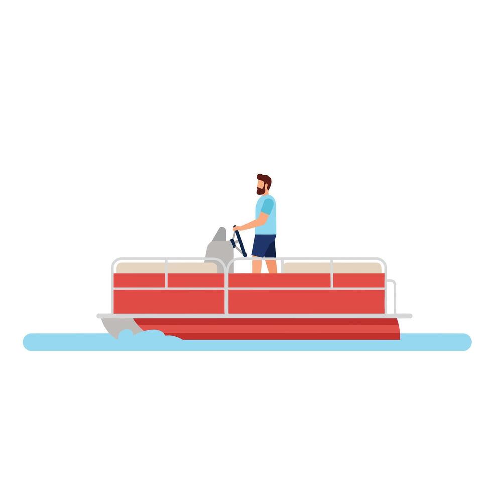 Person operating a red pontoon boat in a minimal flat art style illustration vector