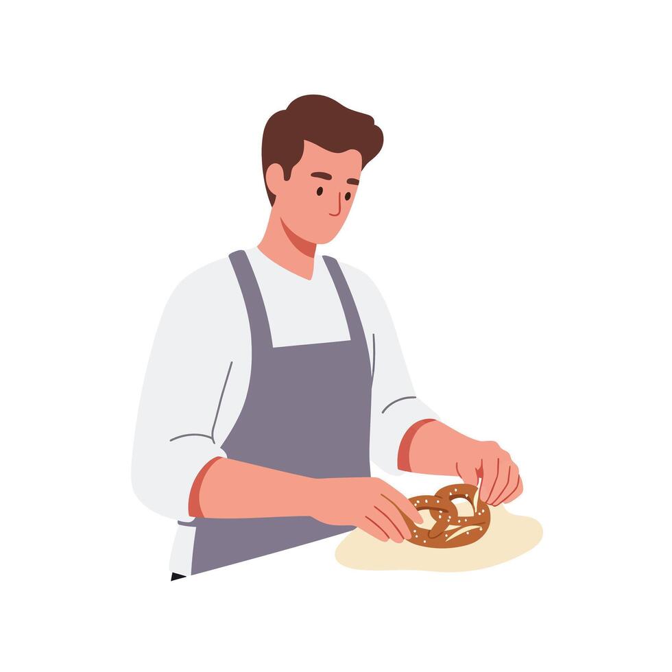 Man skillfully preparing pretzels in flat style art illustration vector