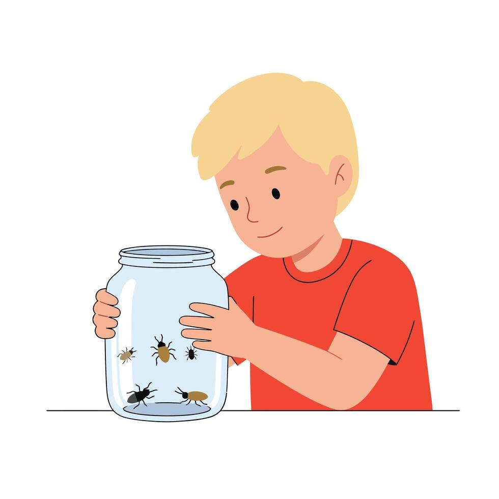 Young boy observing insects in a jar with flat and colorful illustration vector