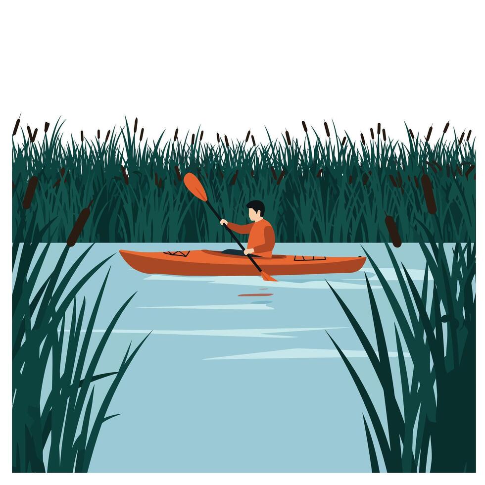 Kayaking adventure in a serene lake with flat design art vector