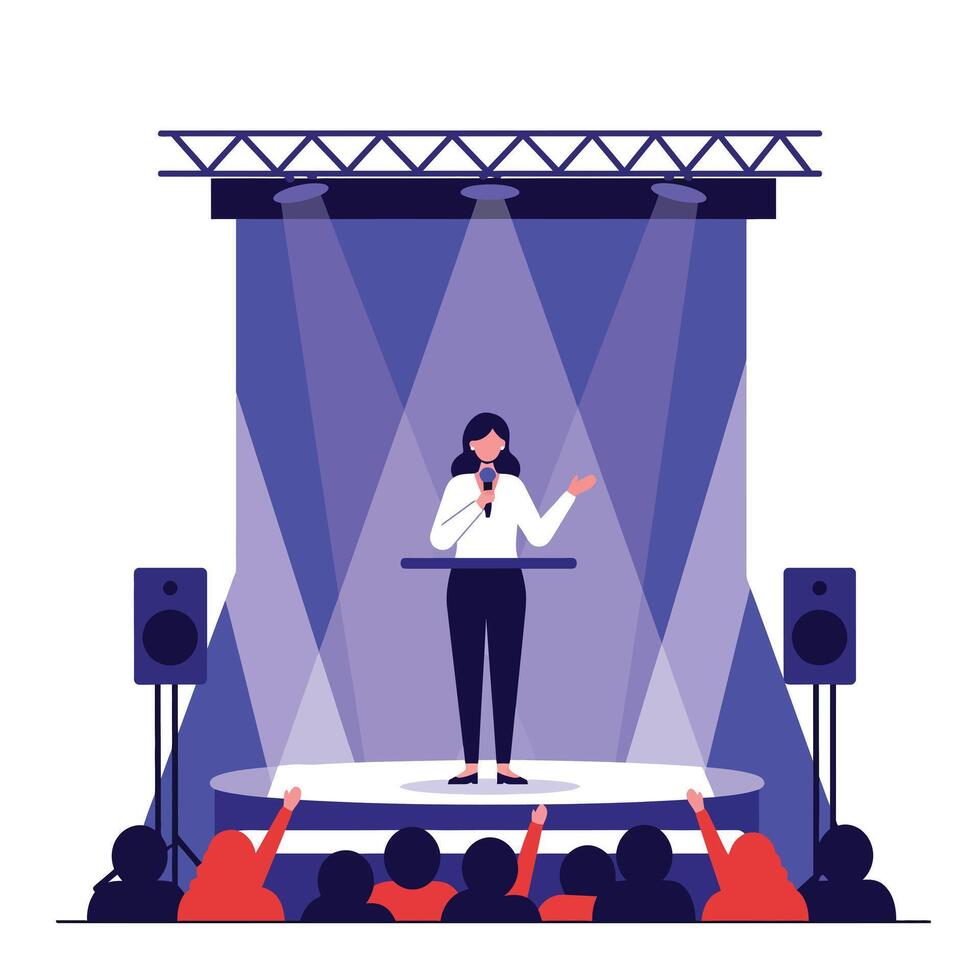 Female singer performing on stage with spotlight in flat art vector