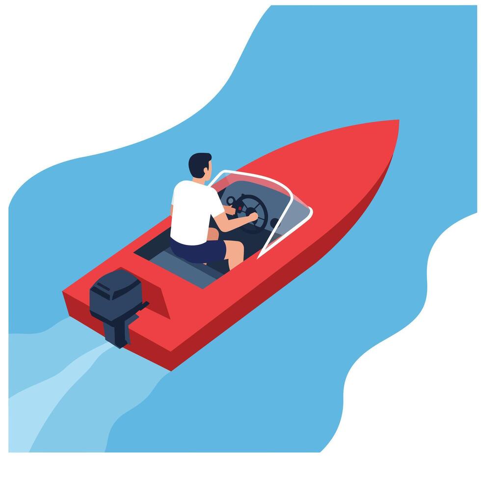 Man driving red speedboat on blue water in flat art vector