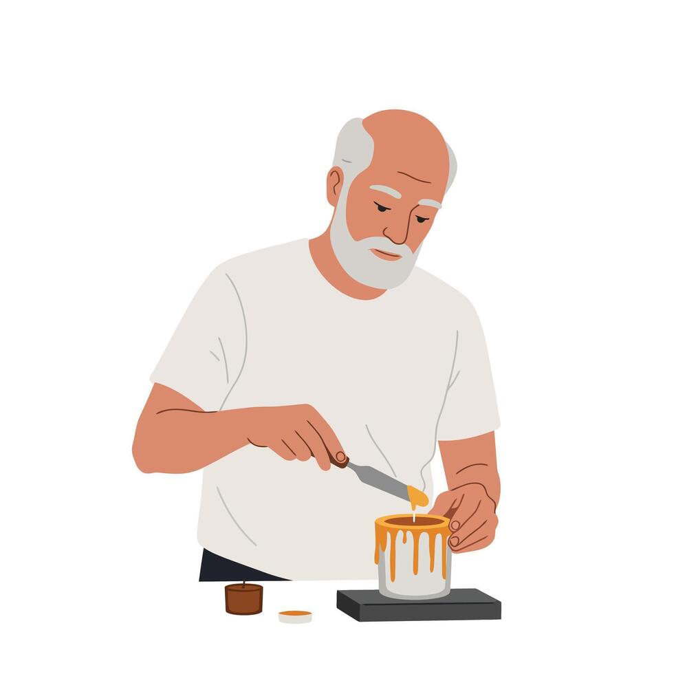 Elderly man decorating cake with knife in flat and minimal art vector
